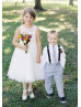 Ivory Lace Tulle Short Flower Girl Dress With Champagne Sash